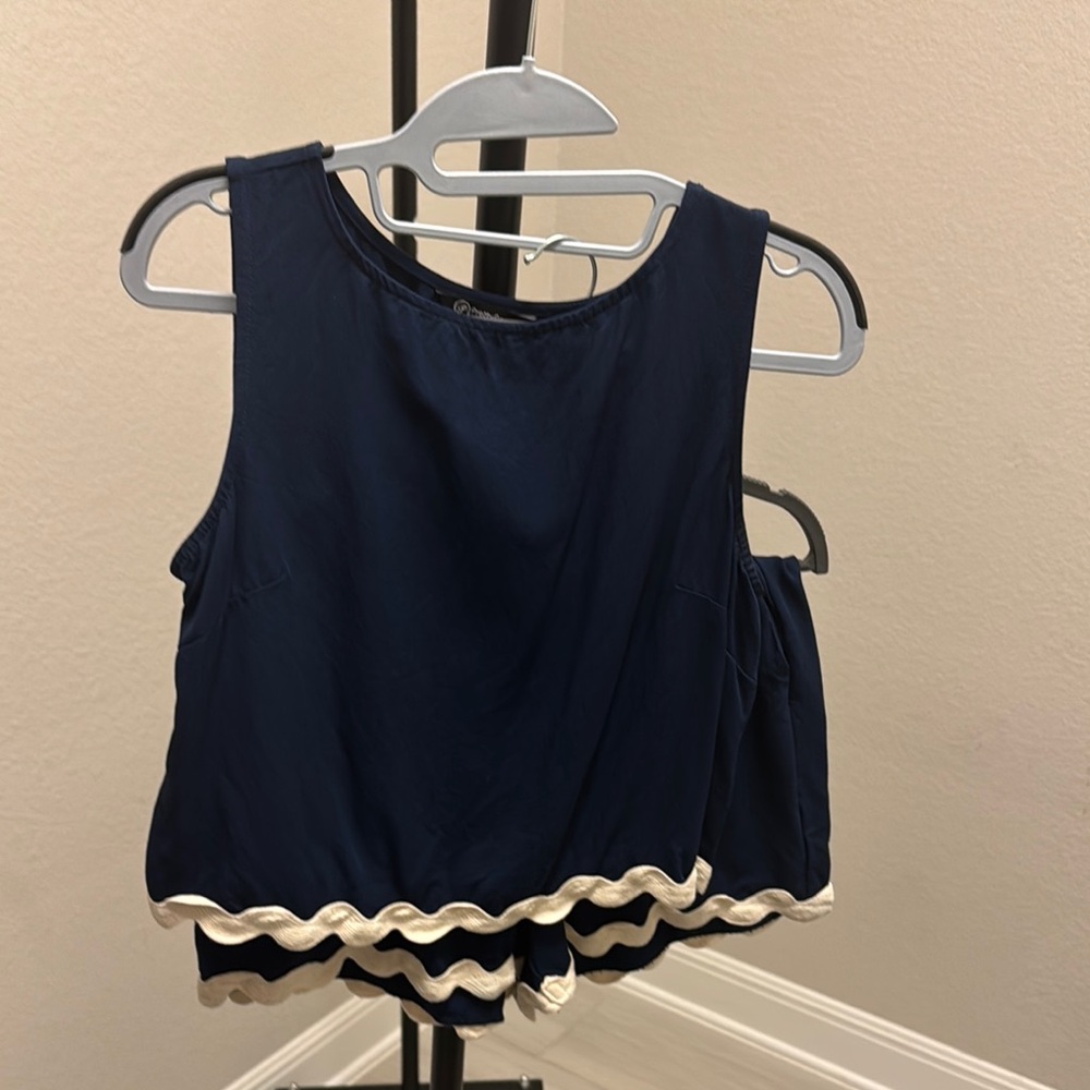 Navy Sleeveless Top with Cream Trim